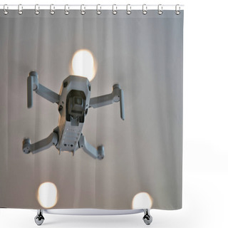 Personality  Drone Flying Indoors With Ceiling Visible In Background. Underside Of Drone In Flight Inside Of House. Shower Curtains