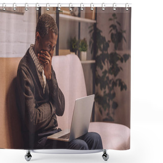 Personality  Upset African American Man Sitting On Sofa And Looking At Laptop Shower Curtains