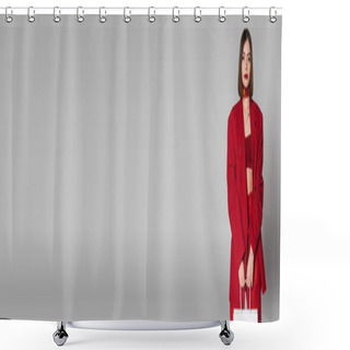 Personality  Fashionable, Bold Makeup, Young Woman With Brunette Short Hair And Nose Piercing Holding Shopping Bags And Standing On Grey Background, Youth Culture, Trendy Outfit, Red Suit, Consumerism, Banner  Shower Curtains
