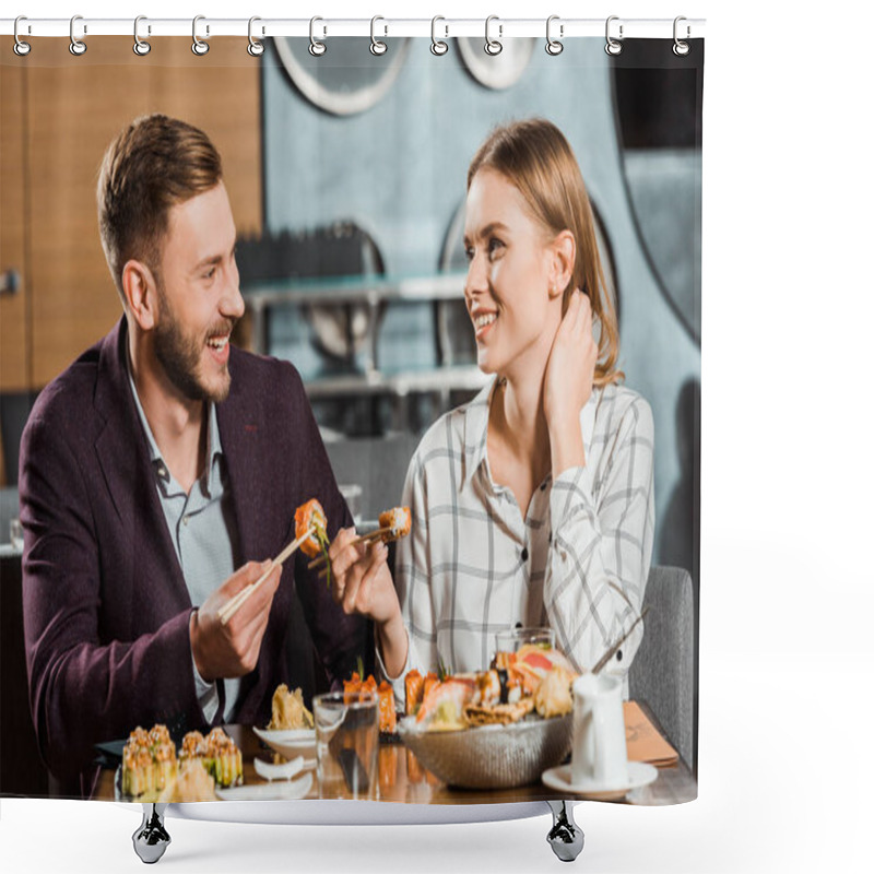 Personality  Attractive Smiling Couple Having Dinner In Restaurant  Shower Curtains