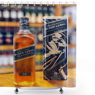 Personality  Whisky Johnnie Walker Black Label Bottle On Wooden Bar With Out Of Focus Pub Background. Shower Curtains