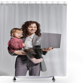 Personality  Time Management, Happy Working Mother Holding Laptop And Toddler Daughter In Arms On Grey Background, Work Life Harmony, Career And Family, Modern Parenting, Professional Success, Businesswoman  Shower Curtains