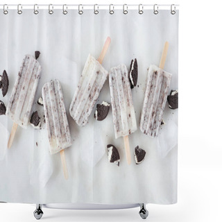 Personality  Cookies And Cream Ice Pops Scattered Over A White Marble Background Shower Curtains