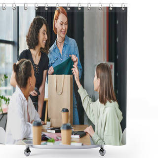 Personality  Pleased Redhead Woman Showing New Purchase To Multicultural Members Of Women Interest Club Near Paper Cups With Coffee To Go On Blurred Foreground, Sharing Joy And Positive Emotions  Shower Curtains