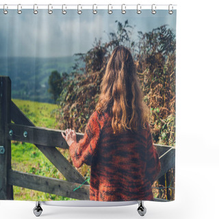 Personality  Woman By Gate And Fence In Countryside Shower Curtains