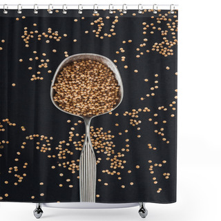 Personality  Top View Of Mustard In Silver Spoon On Black Background Shower Curtains