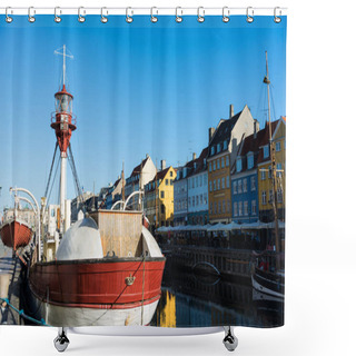 Personality  COPENHAGEN, DENMARK - 06 MAY, 2018: Nyhavn Pier With Color Buildings, Ships, Yachts And Other Boats In The Old Town Of Copenhagen, Denmark  Shower Curtains