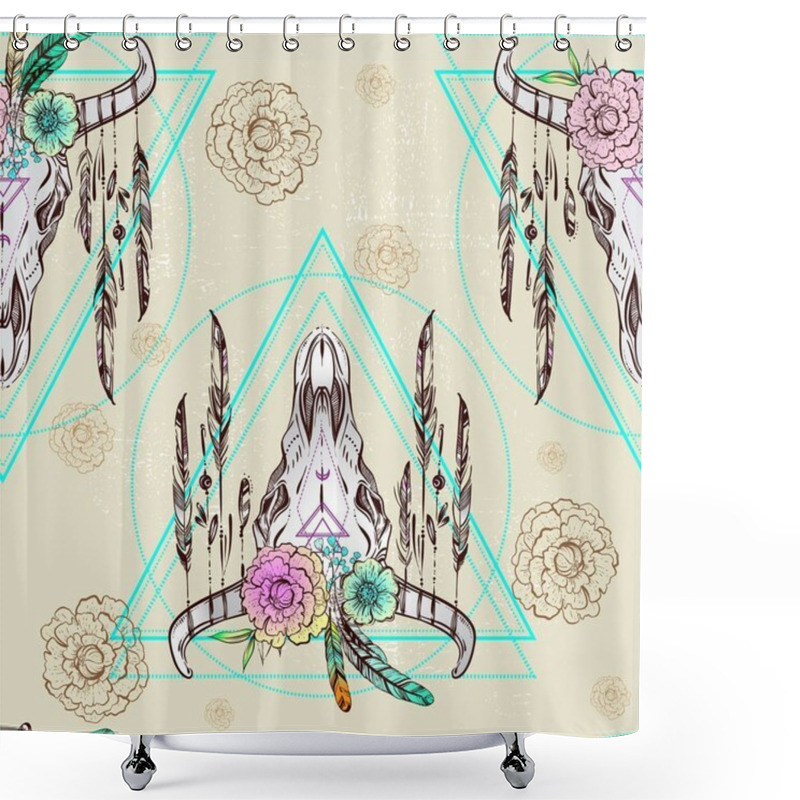 Personality  Boho Chic, Ethnic, Native American Bull Skull Seamless pattern with Feathers and Boho flowers; Trendy Vintage style Illustration. Dark romance, philosophy, spirituality, occultism, alchemy, magic, lov shower curtains