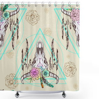 Personality  Boho Chic, Ethnic, Native American Bull Skull Seamless Pattern With Feathers And Boho Flowers; Trendy Vintage Style Illustration. Dark Romance, Philosophy, Spirituality, Occultism, Alchemy, Magic, Lov Shower Curtains