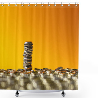 Personality  Column Composed Of Bottle Caps Positioned Downward Protruding From The Surface Formed By Many Other Caps Positioned Downward. Orange Gradient Background. Shower Curtains