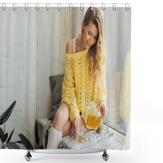 Personality  Beautiful Girl In Knitted Sweater Sitting On Window Sill And Pouring Tea In Cup  Shower Curtains