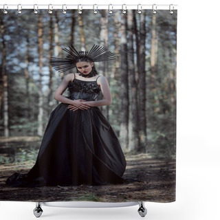Personality  Elegant Woman In Witch Costume Standing On Forest Background, Looking At Camera Shower Curtains