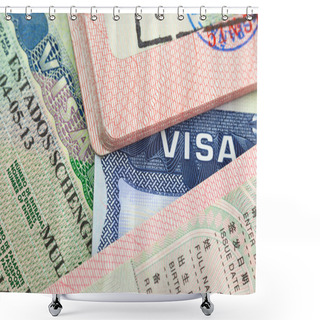 Personality  Chinese, USA And Shengen European Visas In Passports  Shower Curtains