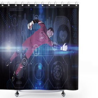 Personality  Composite Image Of Fit Goal Keeper Jumping Up Shower Curtains