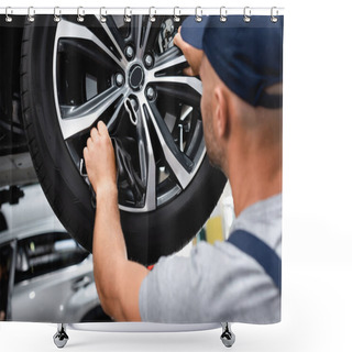 Personality  Selective Focus Of Technician Touching Wheel Disk While Fixing Car Shower Curtains