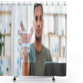Personality  Man Online Shopping Cart, Hologram And Ecommerce Tech Connection, Grocery Network And Fintech Digital Marketing. Hands, Webshop Interface And User Connection To Internet Store, Future System And Icon. Shower Curtains