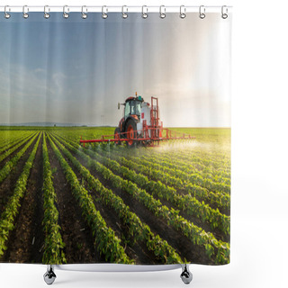 Personality  Tractor Spraying Pesticides On Soy Field  With Sprayer At Spring Shower Curtains