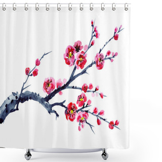 Personality  Wild Plum Meihua, Watercolor Illustration On White Background, Isolated. Flowering Branch, Traditional Chinese, Oriental Painting U-Shin. Shower Curtains