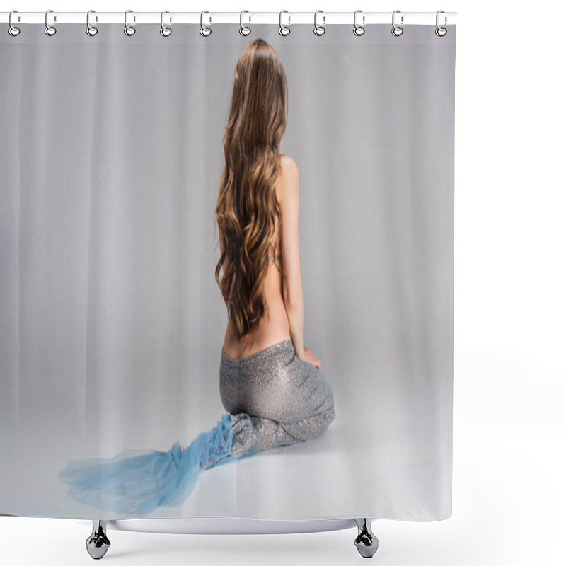 Personality  back view of woman with mermaid tail and long hair, isolated on grey shower curtains