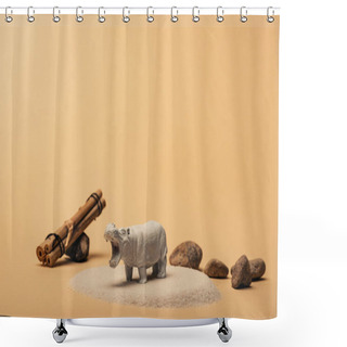 Personality  White Toy Hippopotamus With Stones And Wooden Sticks On Yellow Background, Animal Welfare Concept Shower Curtains