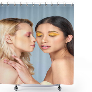 Personality  Different Beauty, Portrait Of Two Multiethnic Models With Bold Eye Makeup Posing On Blue Background Shower Curtains