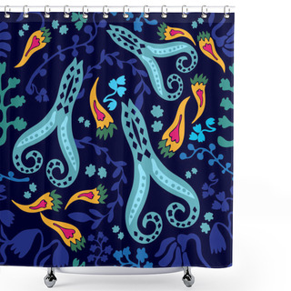 Personality  Dark Blue Paisley Pattern With Wildflowers. Shower Curtains