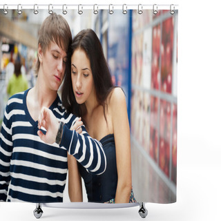 Personality  Portrait Of Young Couple Standing Together At Airport Hall And L Shower Curtains