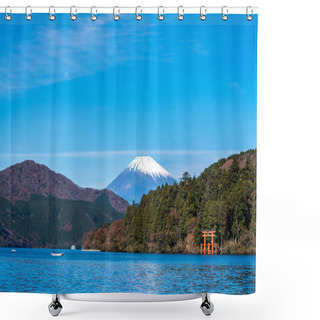 Personality  Mountain Fuji And Lake Ashi With Hakone Temple And Sightseeing Boat In Autumn Shower Curtains