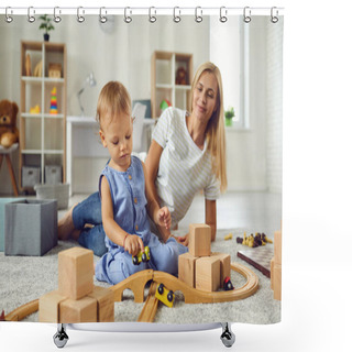 Personality  Young Babysitter And Little Child Playing With Wooden Blocks In Cozy Nursery Room Shower Curtains