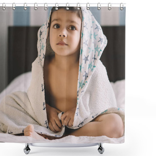 Personality  Adorable Boy, Covered With Hooded Towel, Sitting On Bed And Looking Away Shower Curtains