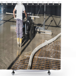 Personality  Construction Worker With Concrete Floor Laser Leveling Screed Machine Shower Curtains