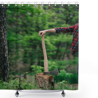 Personality  Cropped View Of Lumberer In Checkered Shirt Standing With Ax In Forest Shower Curtains