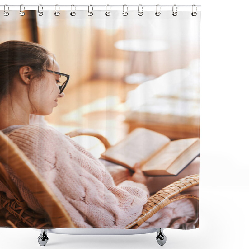 Personality  Soft Photo Of Woman In A Wicker Chair With Old Book And Cup Of Coffee. Woman Wearing In Cozy Knitted Pink Sweater And White Knee Socks. Shower Curtains