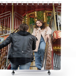 Personality  Young Man In Stylish Jacket Holding Hand Of Girlfriend On Carousel In Amusement Park Shower Curtains