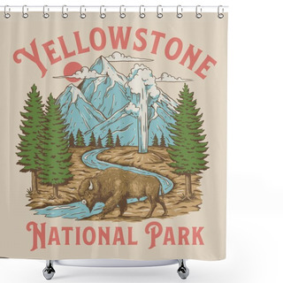 Personality  Vintage Yellowstone National Park Bison Mountain Geyser Scene Shower Curtains