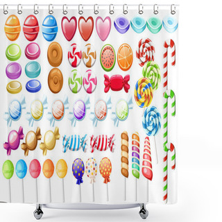 Personality  Candies Set. Big Collection Of Different Cartoon Style Candies. Wrapped And Not Lollipops, Cane, Sweetmeats. Cute Glossy Sweets. Flat Colorful Icons. Vector Illustration Isolated On White Background. Shower Curtains