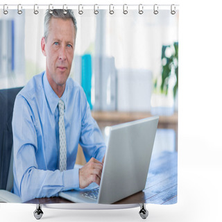 Personality  Thoughtful Businessman Using Laptop Computer Shower Curtains