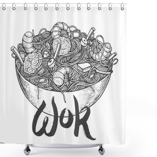 Personality  Asian Fastfood With Noodles Shrimps, Pepper, Vegetables In A Plate. Hand Drawn Shower Curtains
