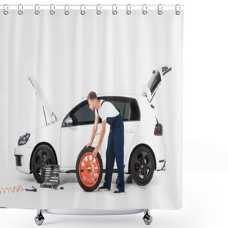Personality  Side View Of Auto Mechanic Pushing Tire To Change Old One On White Shower Curtains
