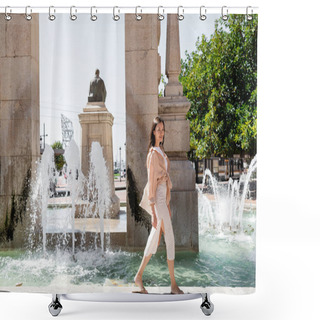 Personality  Full Length Of Happy And Stylish Woman Walking Near City Fountain Shower Curtains