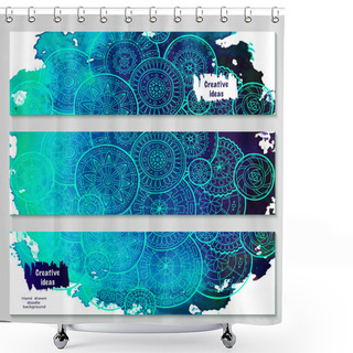 Personality  Set Of Vector Template Banners With Watercolor Paint Abstract Background And Doodle Hand Drawn Mandalas. Shower Curtains