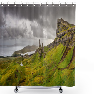 Personality  Panoramic View Of Old Man Of Storr Mountains, Scottish Highlands Shower Curtains