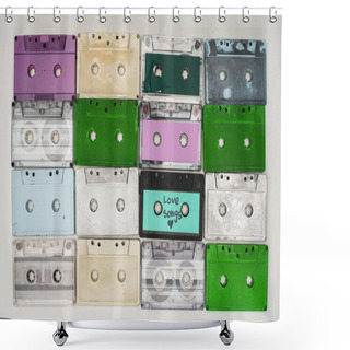 Personality  Top View Of Colorful Recording Cassettes On White Background Shower Curtains