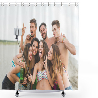 Personality  Multiracial Group Of Friends Taking Selfie On The Beach Shower Curtains