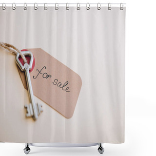 Personality  High Angle View Of Key With Trinket With For Sale Lettering On White Background Shower Curtains