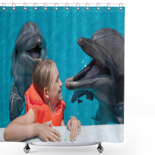 Personality  Happy Little Girl Laughing With Two Dolphins In Swimming Pool Shower Curtains