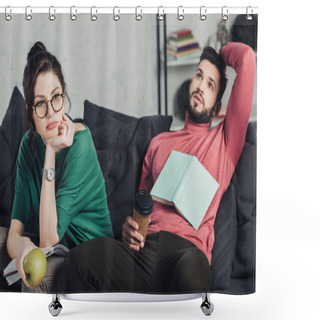 Personality  Bored Woman In Glasses Holding Apple And Sitting Near Handsome Man With Paper Cup Shower Curtains