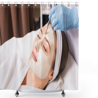 Personality  Beautician Applying Cosmetic Mask To Woman On Half  Face With Cosmetic Brush   At Beauty Salon Shower Curtains