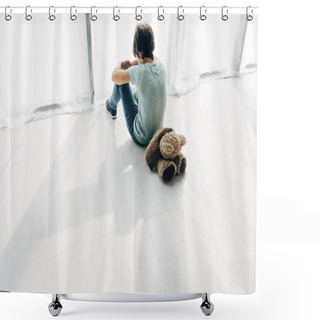 Personality  High Angle View Of Kid With Dyslexia Sitting On Floor With Teddy Bear  Shower Curtains