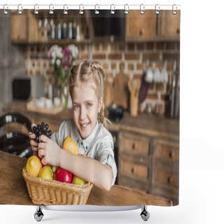 Personality  Adorable Girl With Different Fruits Sitting At Table In Kitchen Shower Curtains